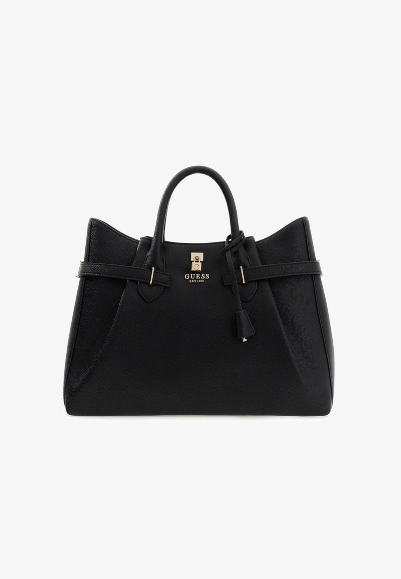 Borsa a mano in pelle nera con design strutturato, dotata di due manici superiori, accessori in tono dorato e un nappina decorativa. Logo ben visibile.