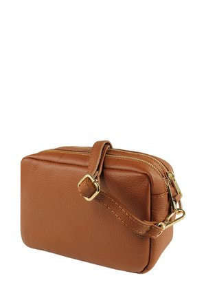 Brown leather bag with a textured finish, rectangular shape, gold-toned hardware, zipper closure, and a detachable strap.