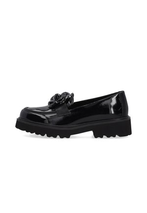 Sort laklæder loafer med kraftig sål og dekorativ blank blomsterdetalje på toppen, vist fra siden.