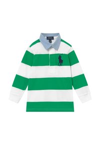 Langärmliges Rugby-Shirt für Kinder mit grünen und weißen horizontalen Streifen, hellblauem Kragen und navyfarbigem Polo-Spieler-Logo auf der Brust.