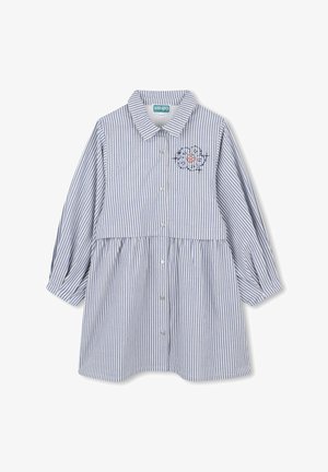 Striped button-up shirt in blue and white, featuring a round collar, long sleeves, and a gathered waist design. Includes decorative embroidery.
