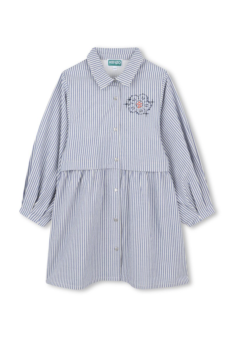 Chemise à rayures bleu et blanc, avec un col rond, des manches longues et un design de taille froncée. Comprend des broderies décoratives.