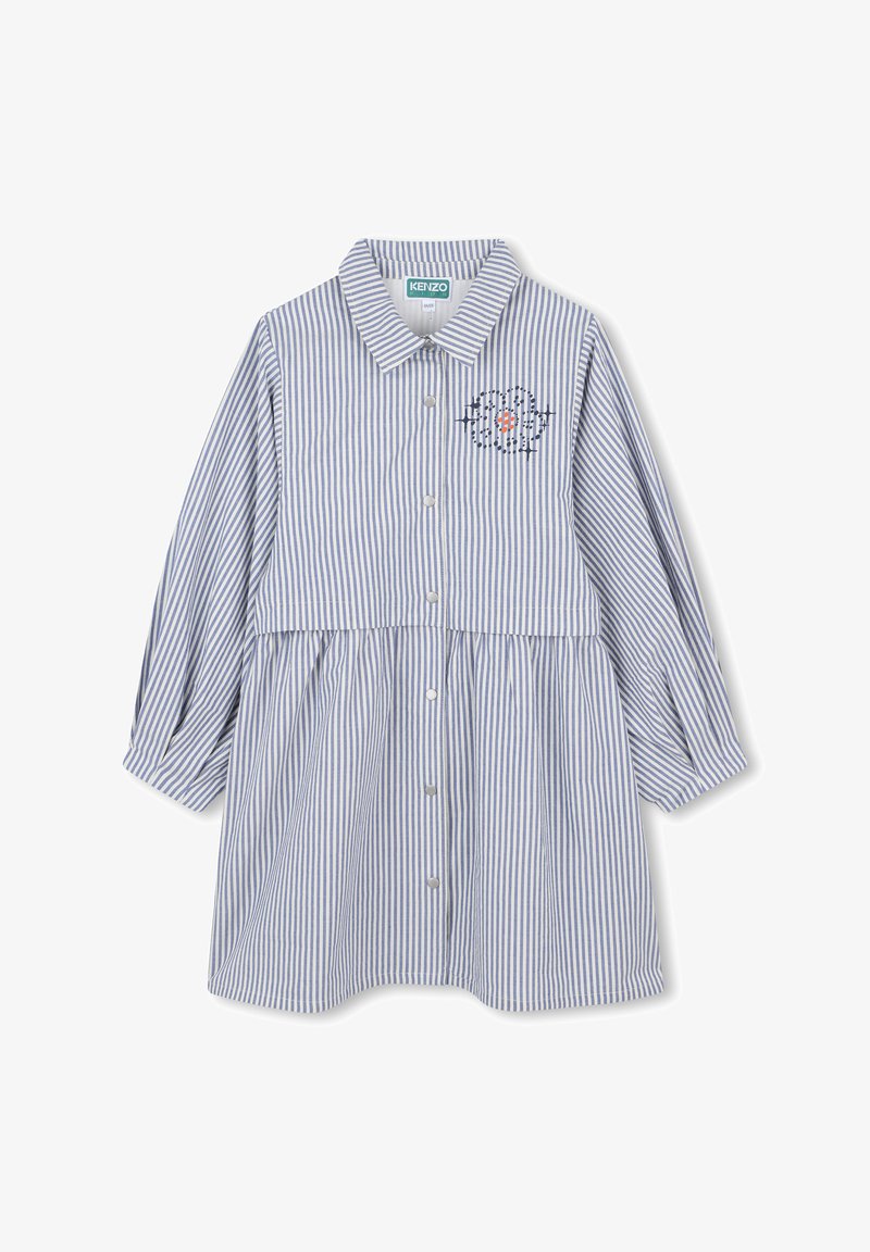 Chemise à rayures bleu et blanc, avec un col rond, des manches longues et un design de taille froncée. Comprend des broderies décoratives.