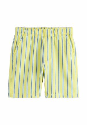 Yellow shorts with elastic waistband, featuring vertical blue and white stripes and side pockets, displayed on a white background.