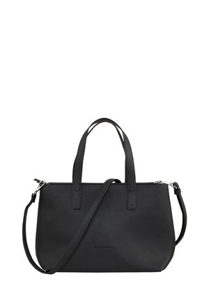 Sac à main en cuir noir texturé avec deux poignées courtes et une longue bandoulière ajustable.