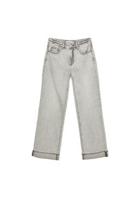 Jean gris clair à coupe droite avec poches avant et arrière, fermeture à boutons et revers repliés.