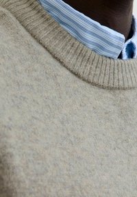 Pull en laine beige avec un col côtelé, superposé à une chemise à col rayée bleu clair. Tricot texturé avec une finition douce.