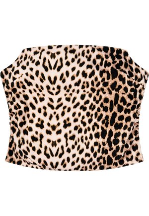 Leopardenmuster-Top aus einem glatten, dehnbaren Stoff in Beige- und Schwarztönen. Das Design zeigt ein natürliches, von Tieren inspiriertes Muster.