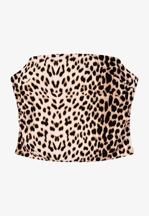 Top a tubo con stampa leopardata realizzato in un tessuto liscio ed elastico nelle tonalità di beige e nero. Il design presenta un motivo naturale ispirato agli animali.