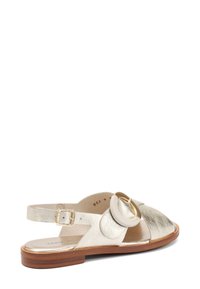 Sandal in argento metallizzato con punta rotonda, design a cinghia incrociata, accentuazione circolare e suola in legno. Inclusa una fascetta regolabile alla caviglia.