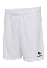 Vita sportshorts tillverkade av lättviktsmaterial med resårmidja, med en svart Hummel-logotyp i nedre vänstra hörnet.