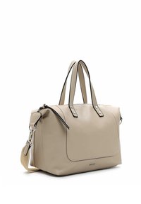 Beige Leder-Tragetasche mit schwarzer Einfassung, doppelten oberen Griffen und abnehmbarem Schultergurt. Verfügt über eine Vorderasche und silberne Hardware-Akzente.