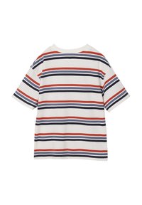 Striped short-sleeve T-shirt in white, featuring horizontal stripes in navy, red, and light blue. Soft cotton material, relaxed fit.