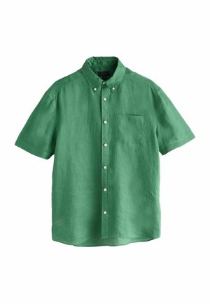 Green short-sleeve button-up shirt made of linen. Features a pointed collar, front pocket, and white buttons along the placket.