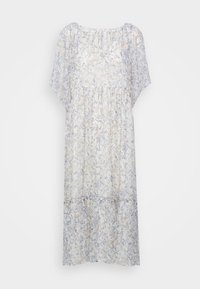 Lightweight, floral dress in white and blue, featuring a loose fit, short sleeves, gathered bodice, and tiered hem.