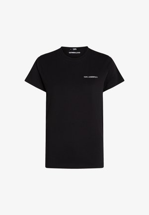 T-shirt en coton noir à manches courtes et col rond. Présente un logo blanc contrastant sur la poitrine. Design simple et classique.