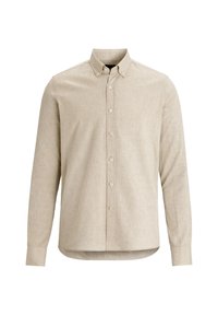 Chemise beige à manches longues avec boutons, col boutonné et ourlet légèrement arrondi, présentée sur un fond uni.