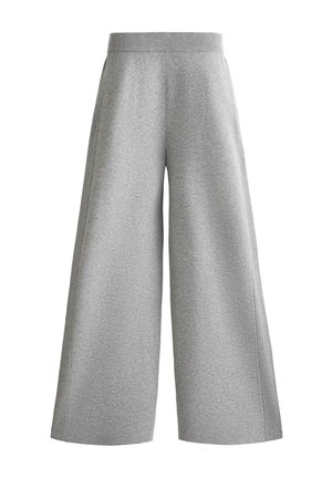 Grijze gebreide broek met wijde pijpen, voorzien van een geribbelde tailleband en zijpaneel-detaillering, net boven de enkels gekropt.