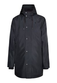 Schwarze wasserdichte Parka mit Kapuze, Druckknopfverschluss, Seitentaschen und gerippten Bündchen, hergestellt aus strapazierfähigem synthetischem Material.