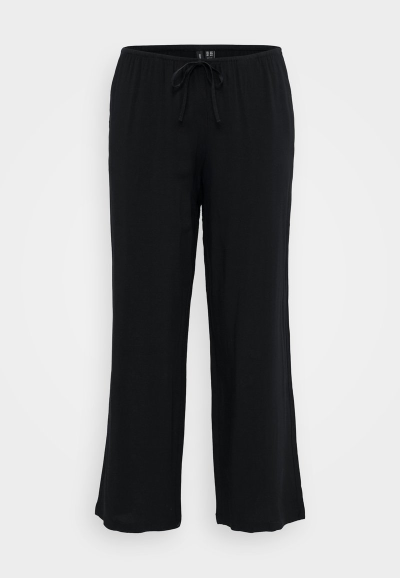 Pantalons noirs légers à jambe large avec une taille élastique et un cordon de serrage. Texture lisse, sans motifs ni accents visibles.