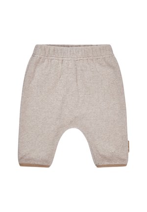 Beige weiche Babyhosen aus Stoff mit elastischem Bund und schmal zulaufenden Beinen, die für Komfort und Bewegungsfreiheit konzipiert sind.