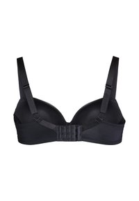 Black underwire bra with smooth fabric, padded cups, adjustable straps, and a hook-and-eye closure at the back. Minimal design features.