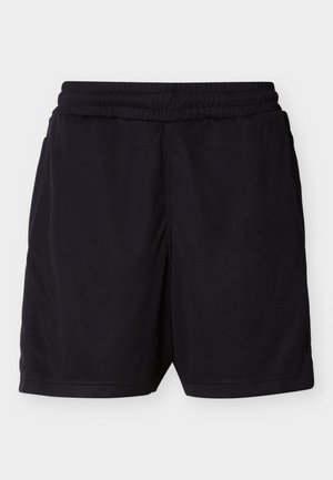 Pantalones cortos deportivos de cintura elástica negra con un tejido texturizado y bolsillos laterales, diseñados para uso casual o deportivo.