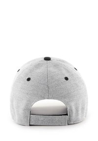 Gray baseball cap with a fabric texture, black adjustable strap, and six ventilation holes. Features a button at the crown.