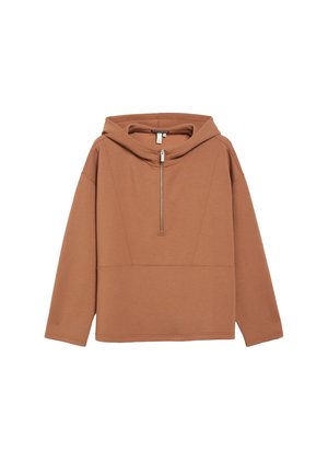 Hellbrauner Langarm-Hoodie mit vorderem Halbreißverschluss und lockerem Schnitt, vor weißem Hintergrund dargestellt.