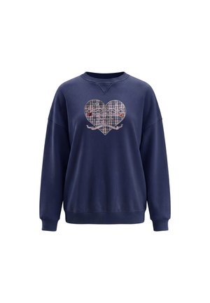 Marineblå sweatshirt med lange ærmer og et ternet hjerte design på brystet med dekorativ tekst og små pynt.