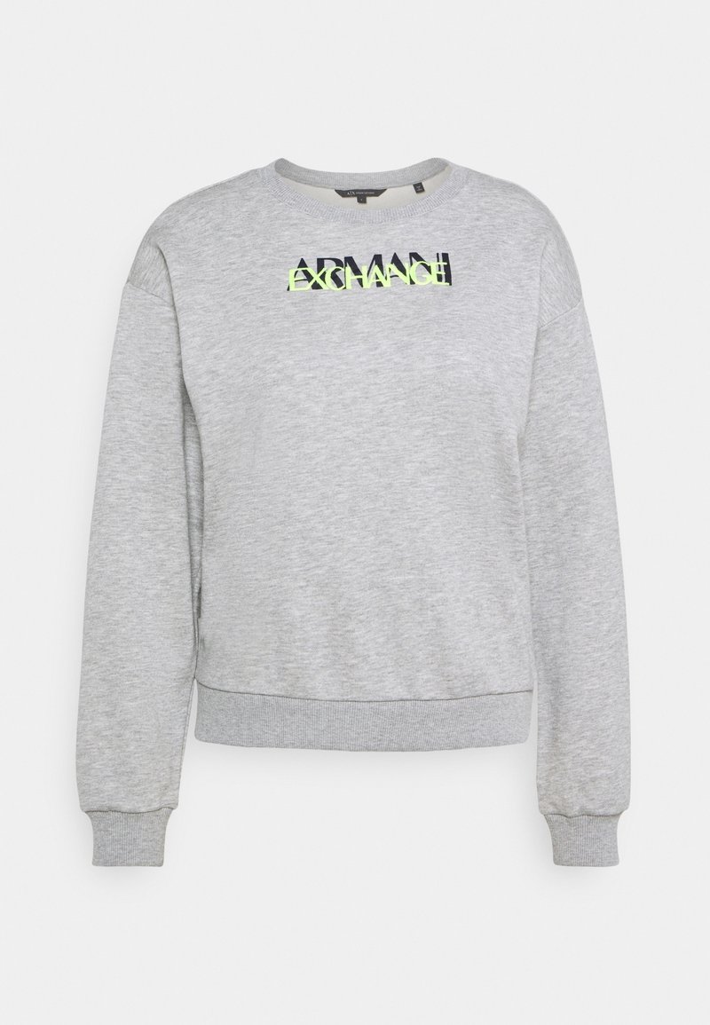 Sweat-shirt gris en tissu doux, avec poignets et ourlet côtelés. Devant affiche "ARMANI EXCHANGE" en lettres noires et jaune néon.