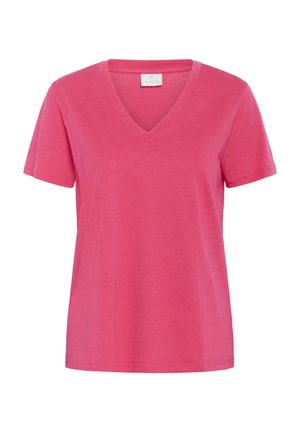 Camiseta de algodón rosa con cuello en V, mangas cortas y dobladillo recto. La tela es ligera y suave, con una pequeña etiqueta de la marca en el escote.