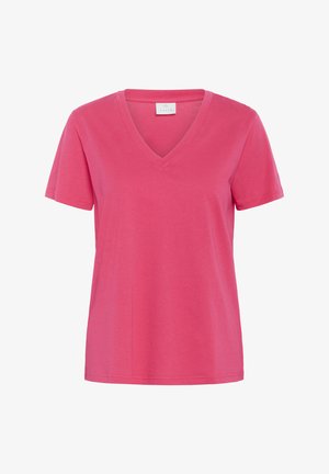 Camiseta de algodón rosa con cuello en V, mangas cortas y dobladillo recto. La tela es ligera y suave, con una pequeña etiqueta de la marca en el escote.
