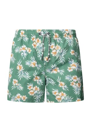 Grüne Badehose mit einem weißen und orangefarbenen Blumenmuster. Sie verfügt über einen elastischen Bund mit Kordelzug und hat eine leichte Stofftextur.