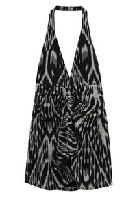 Halter-neck kjole i sort og grå stof med et ikat-mønster, med en knyttet detalje ved taljen og en flared skørt design.