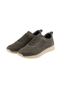 Sneakers in suede verde scuro con una finitura texture, dotati di colletto imbottito, design con lacci e una suola in gomma beige chiaro.