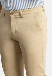 Chinos beige con una parte delantera plana, bolsillos laterales y cierre de botón. La tela es suave con un ligero brillo, confeccionada para un ajuste ceñido.