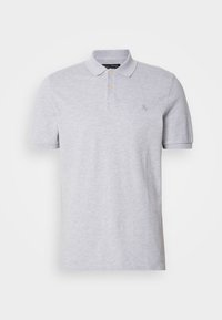 Grå kortærmet polo-shirt med klassisk krave, der har to guldknapper og et lille broderet logo på brystet. Glat bomuldsstof.