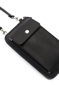 Black leather crossbody wallet featuring a textured surface, snap closure pocket, zippered compartment, and detachable strap for versatility.