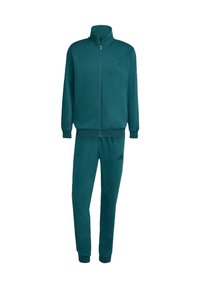 Ensemble de survêtement en polar vert comprenant une veste zippée à col haut et un pantalon assorti. Comprend un branding subtil sur les deux pièces.