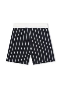 Shorts in cotone blu navy con strisce verticali bianche, dotati di una cintura elastica bianca e una consistenza morbida.