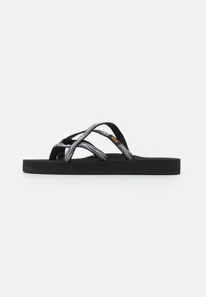 Black flip-flop with crisscrossed grey and white straps, made of synthetic material, featuring a flat sole and textured footbed.