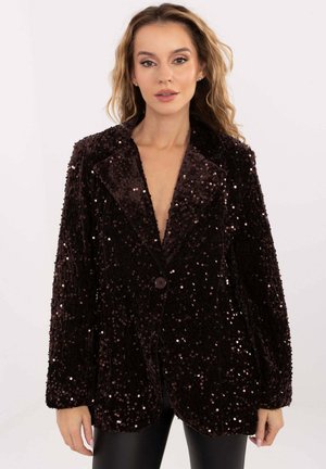 Dark brown velvet blazer covered in sequins, featuring a notched lapel, single button closure, and wide sleeves.