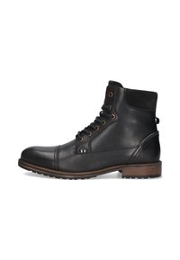 Botas de tobillo de cuero negro con un collar de ante, punta redonda y diseño de cordones. Presentan detalles en marrón y suela de goma para mayor tracción.