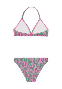 Dvojdielny bikiny set s zeleným pozadím a ružovými pruhmi tigra. Vrchná časť má trojuholníkový tvar s nastaviteľnými ramienkami.