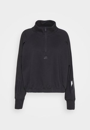 Schwarzer Sweatshirt mit Reißverschluss am Hals und langen Ärmeln, ausgestattet mit einem kleinen Logo auf der Brust und drei Streifen an den Bündchen, gestaltet für Sportbekleidung.
