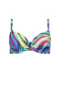 Wielokolorowy biustonosz bikini z falistym wzorem w odcieniach niebieskiego, różowego i zielonego. Posiada formowane miseczki oraz regulowane ramiączka z ozdobnym akcentem na środku.