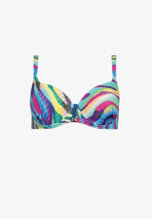 Wielokolorowy biustonosz bikini z falistym wzorem w odcieniach niebieskiego, różowego i zielonego. Posiada formowane miseczki oraz regulowane ramiączka z ozdobnym akcentem na środku.