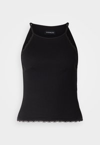 Débardeur noir en maille côtelée avec un col montant et une finition en dentelle festonnée à l'ourlet. Il présente des bretelles étroites et une silhouette ajustée.