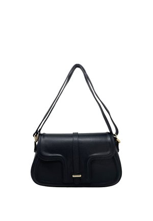 Borsa a tracolla in pelle nera con superficie strutturata, chiusura a patta e sottili tracolle regolabili.